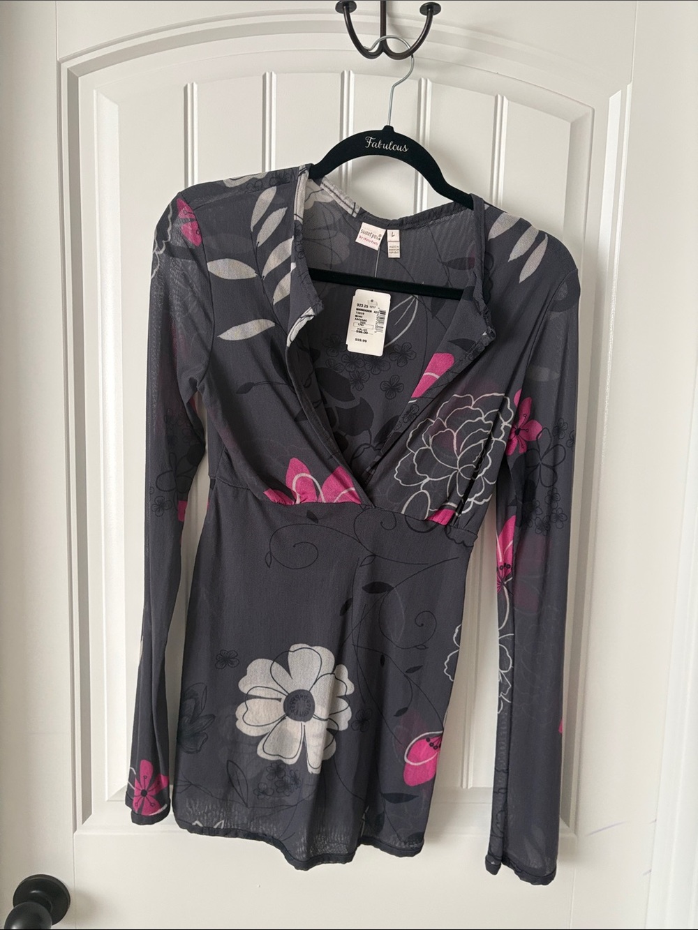 Sweet Pea by Stacy Frati Gray Floral Wrap Long Sleeve Top with Pink Accents